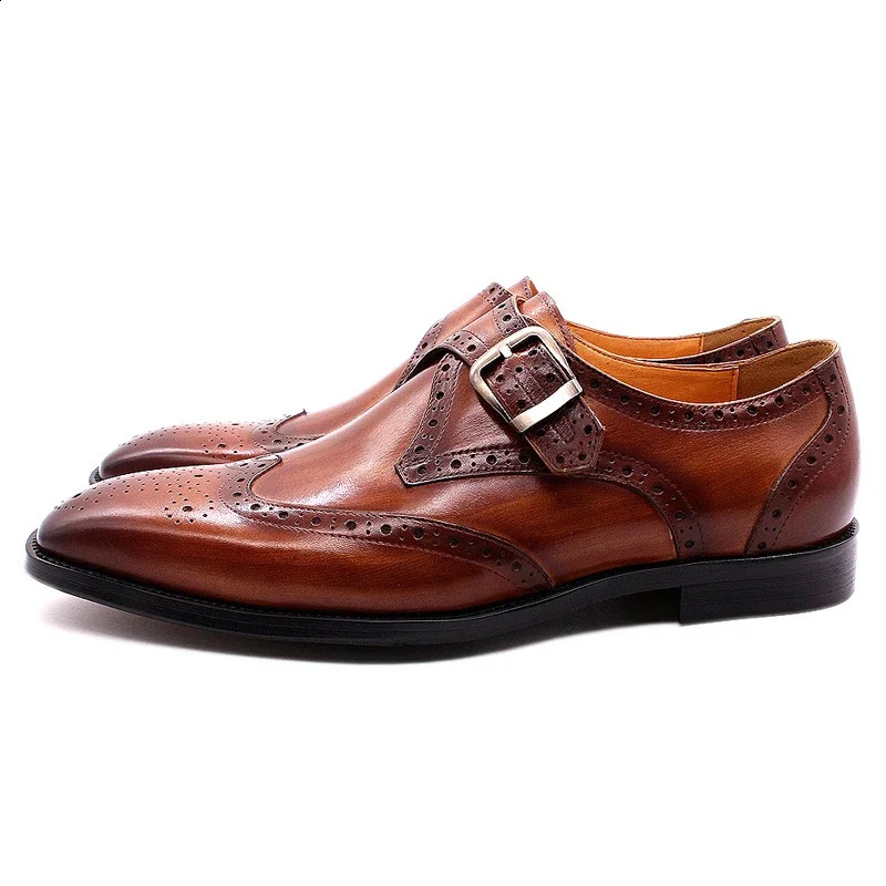 Men's y Genuine Leather Wingtip Oxfords Italian Monk Strap Buckle Brogue Dress Shoes for Business Wedding Formal Wear 260916