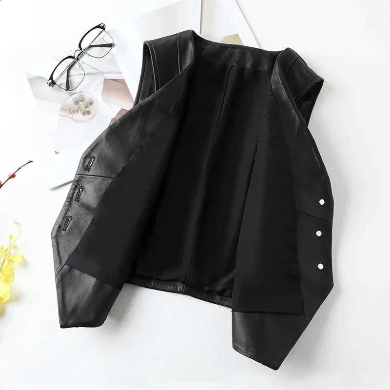 Casual 2024 New Spring Women's V-neck Button Imitation Leather Fine Cut Black Vest Female Waistcoat Sleeveless JacketW260915