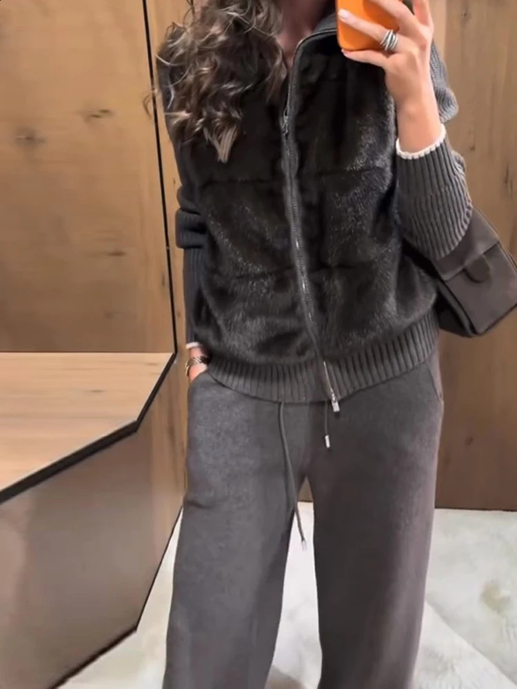 Women's Pant Sets Fur Patchwork Zipper Stand-Up Collar Jacket Female Solid Knitted Elastic Pants Elegant Chic Women's Suit Sets 260916