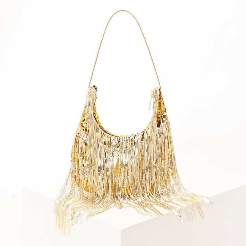 Sequined Shiny New Long Women's Tassel Crescent-shaped Shoulder Bag 2026 Summer Trend Shining Evening Party Hobos Armpit Bag H260916