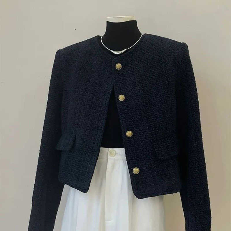 New Autumn Winter Women's Tweed Jacket Korean Fashion Metal Buttons Short Outerwear Ladies Elegant Round Collar Black Small CoatT260916