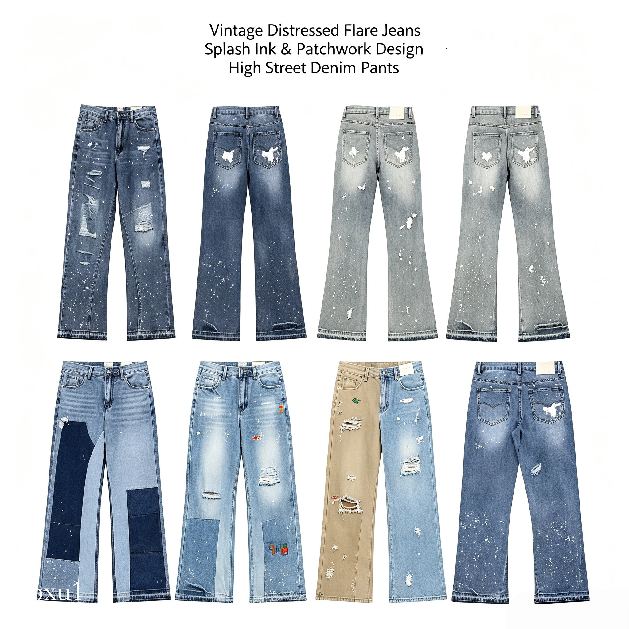 Trendy high street gallerylly mens jeans pants fashion designer jeans blue denim flared pants pant youth rivet print patch white jean embroidery boy