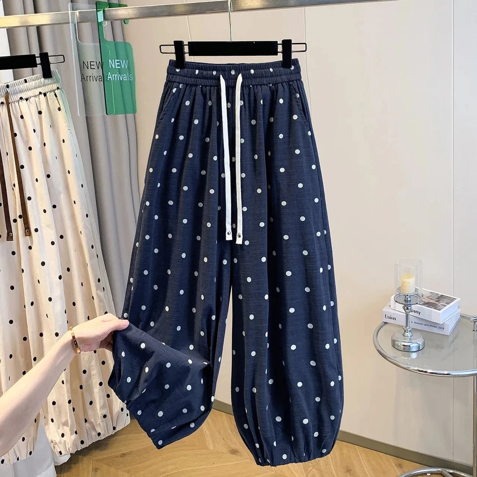 2026 summer cotton linen polka dot trousers Women's Loose Wide leg versatile nine point Harem Pants Korean version Lantern Pants 260916
