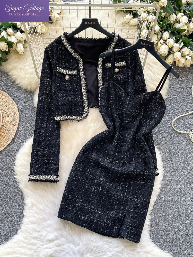 French y Elegant 2 Piece Set Women Slim Long Sleeve Tweed Cropped Jacket Camis Dress Chic Casual Vintage Fashion Outfit 260916