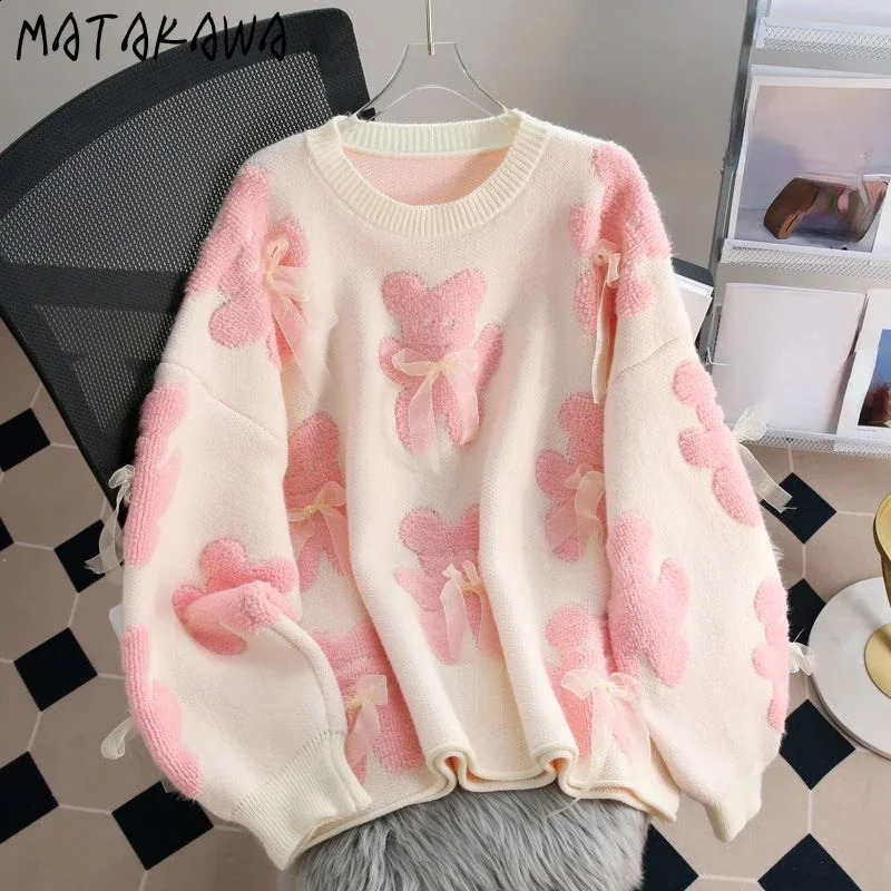 Matakawa Cartoon Pink Women Sweaters Bows Autumn Winter Korean Fashion Sweet Pull Femme Kawaii Loose Warm Retro Pullovers 260916