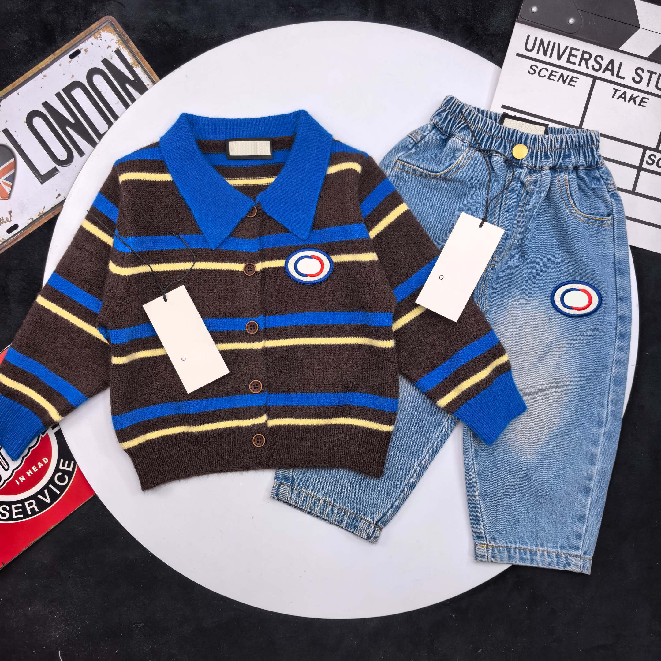 Designer Kids Clothes Set Boys Striped Collar Knit Cardigan & Denim Jeans Toddler 2 Piece Outfit Set Autumn Children Clothing Suit Size 80 - 150CM
