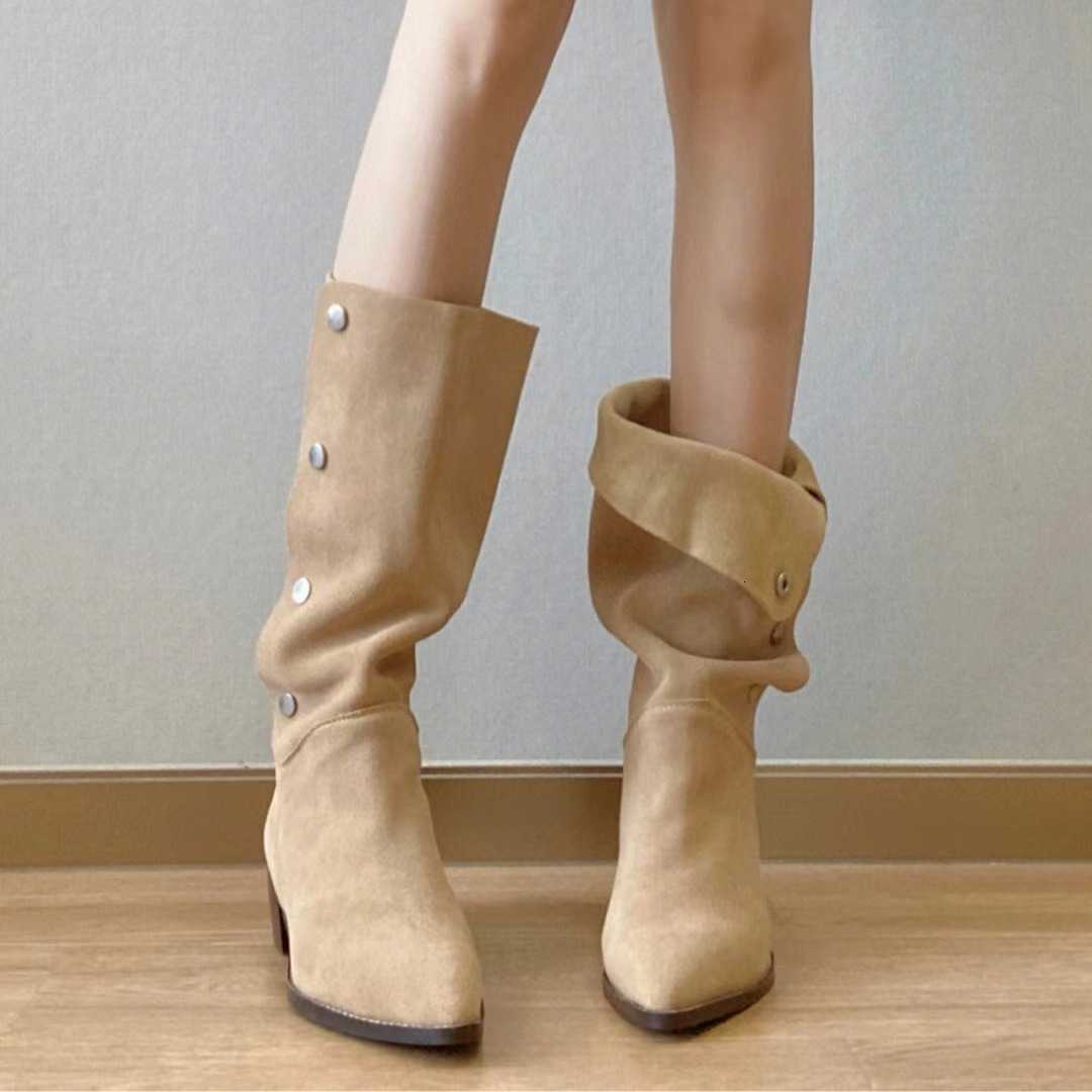 pile style boots frosted for women 2025 new style thick heeled wrinkled boots with pointed buttons and a midsole boot D260916
