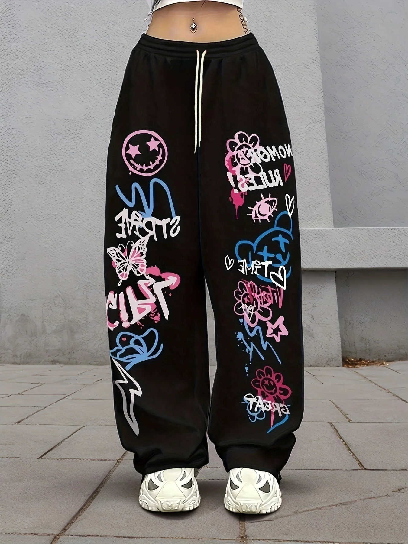 Sportswear Women's Casual Black Pants Comfortable Straight-leg with Colorful Graffiti Print for Spring Autumn Wear D260916