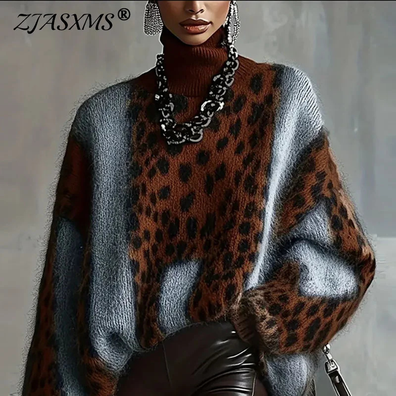 Sexy Patchwork Leopard Print Woman Sweater Autumn Turtleneck Loose Knitwear Top Pullover Winter Long Sleeve Warm Sweaters Jumper 260916