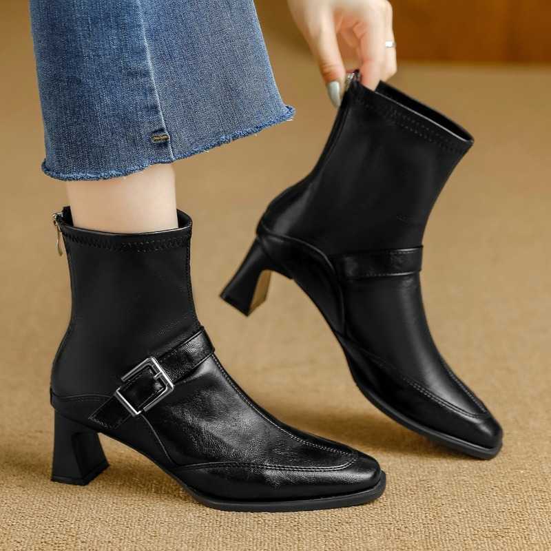Ankle Heels Boots Chunky for Women Autumn Winter Warm Comfortable Short Boot fashion Belt Square Toe Botas Mujer D260916
