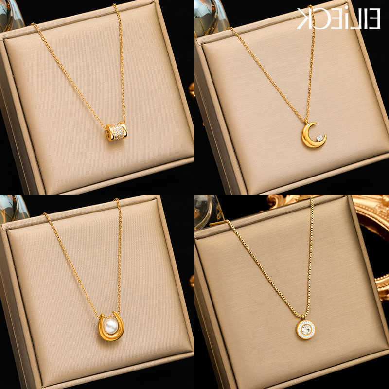 316L Stainless EILIECK Steel Moon Pearl Zircon Puppy Pendant Necklace For Women Girl New Fashion Neck Chain Jewelry Gift BijouxT260916