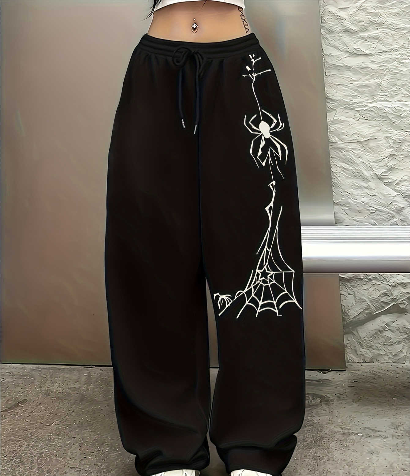Loose Quick Dry Y2K Gothic Jogger Trousers Unisex Black White Spider Cobweb Print Drawstring Hip Hop Summer Street Long Pants D260916