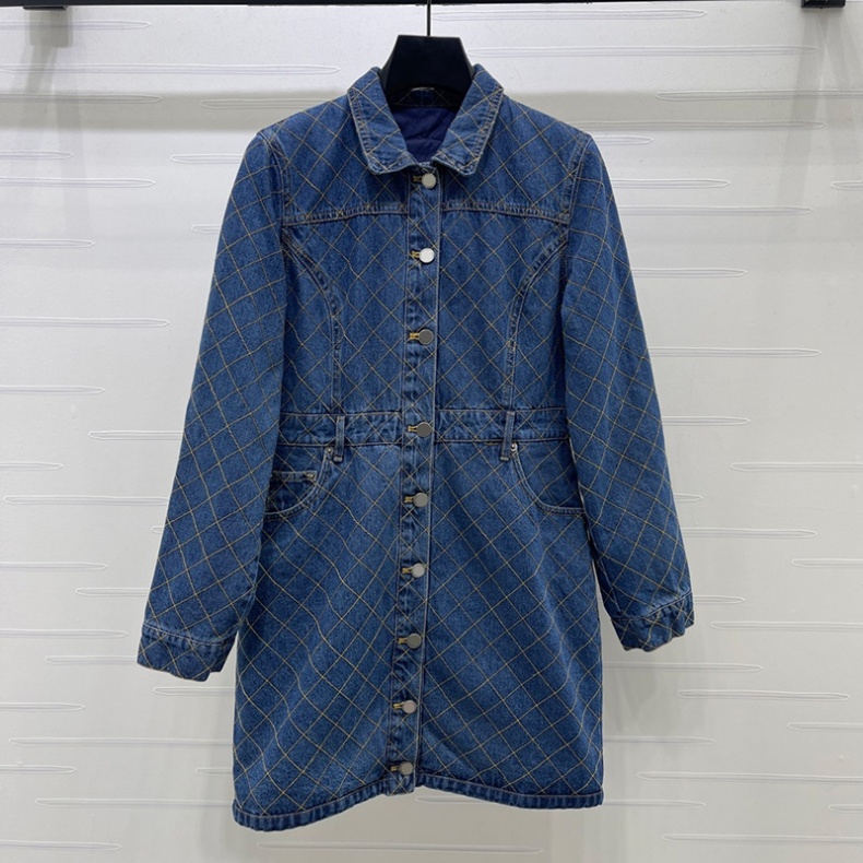 Luxury Women Vintage Denim Midi Dress Quilted Plaid Long Sleeve Shirt Dress Spring Autumn Casual Office Commute Dresses