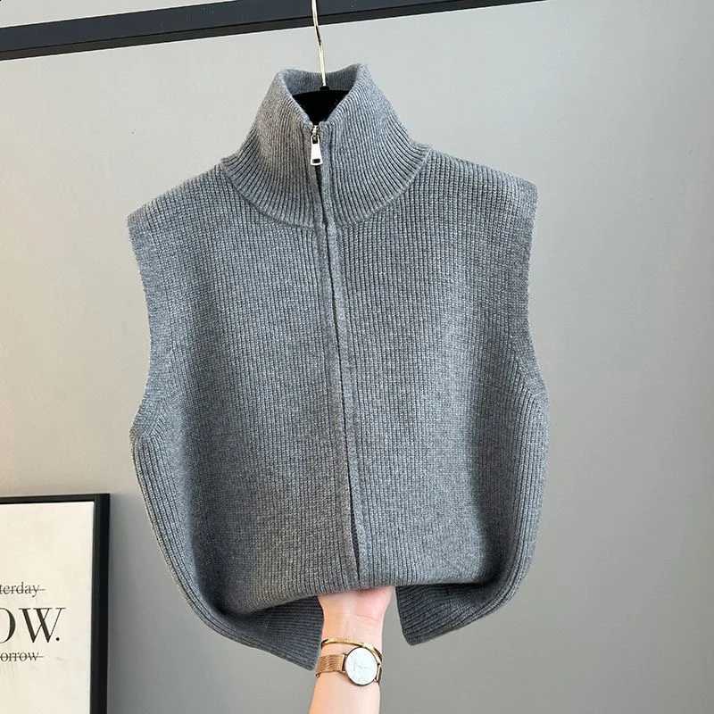 Vest Women's High Collar Knitted Outerwear Zipper Shoulder Pad Loose Winter Layering Korean Style Fashion Commute WindW260915