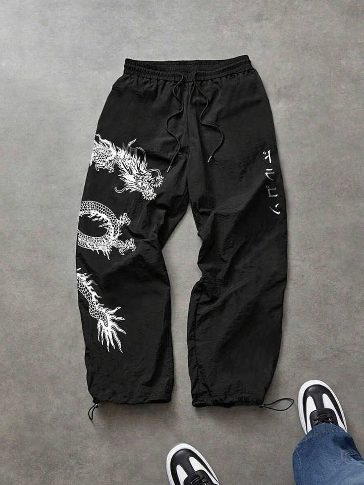 Print Men's Spring Summer Dragon Baggy Nylon Pants Streetwear Joggers for Gym Workout Casual Daily Wear Black Blue D260916