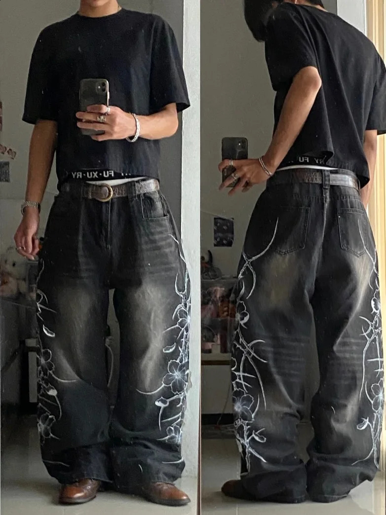 Y2K vintage black thorn Printing baggy jeans harajuku trend men women street hip hop fashion casual couple Wide-leg pants 260916