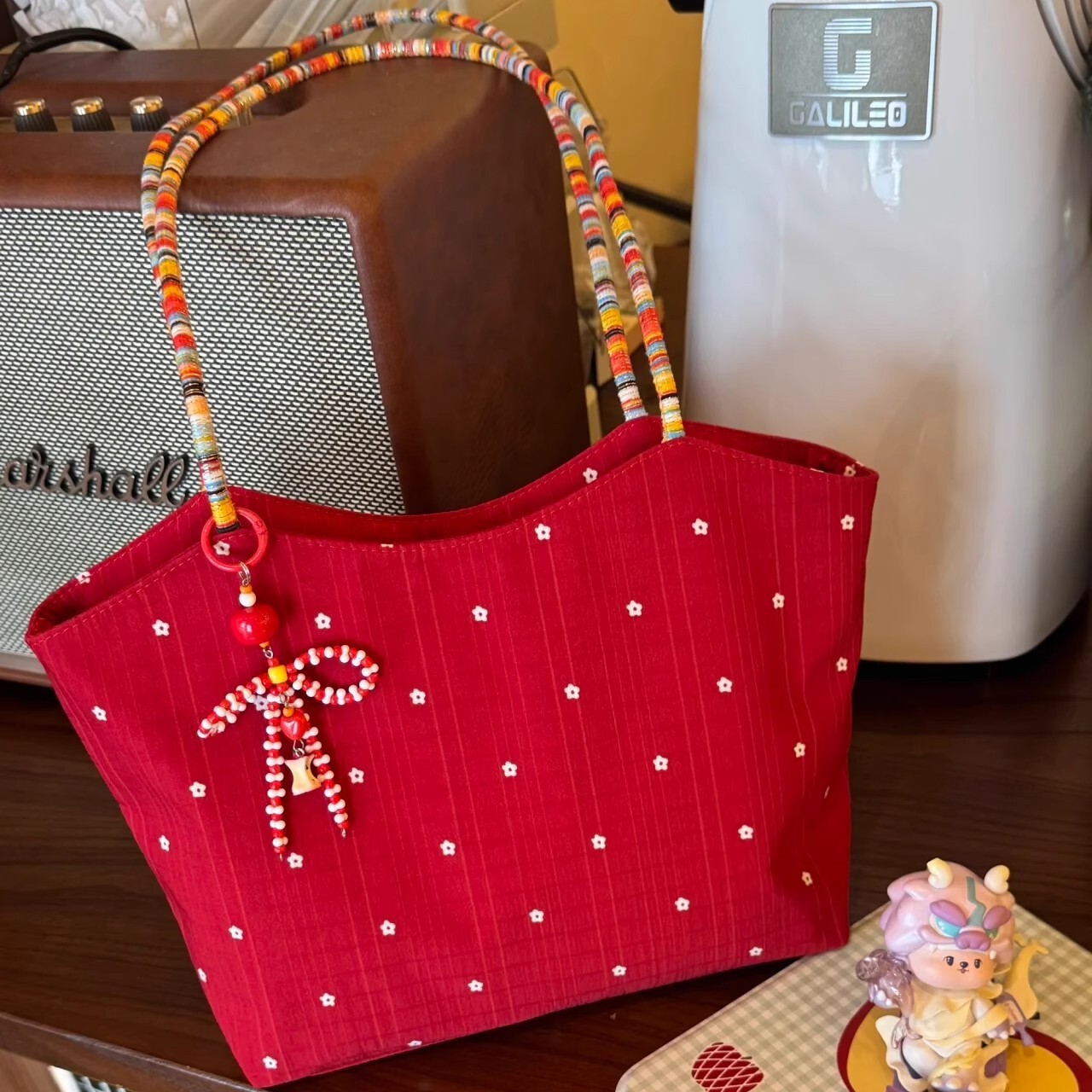 Korean Style Red Floral Canvas 2025 New Color-Block Woven Shoulder Tote Commuter Handbag Shopping Bag Designer Bag