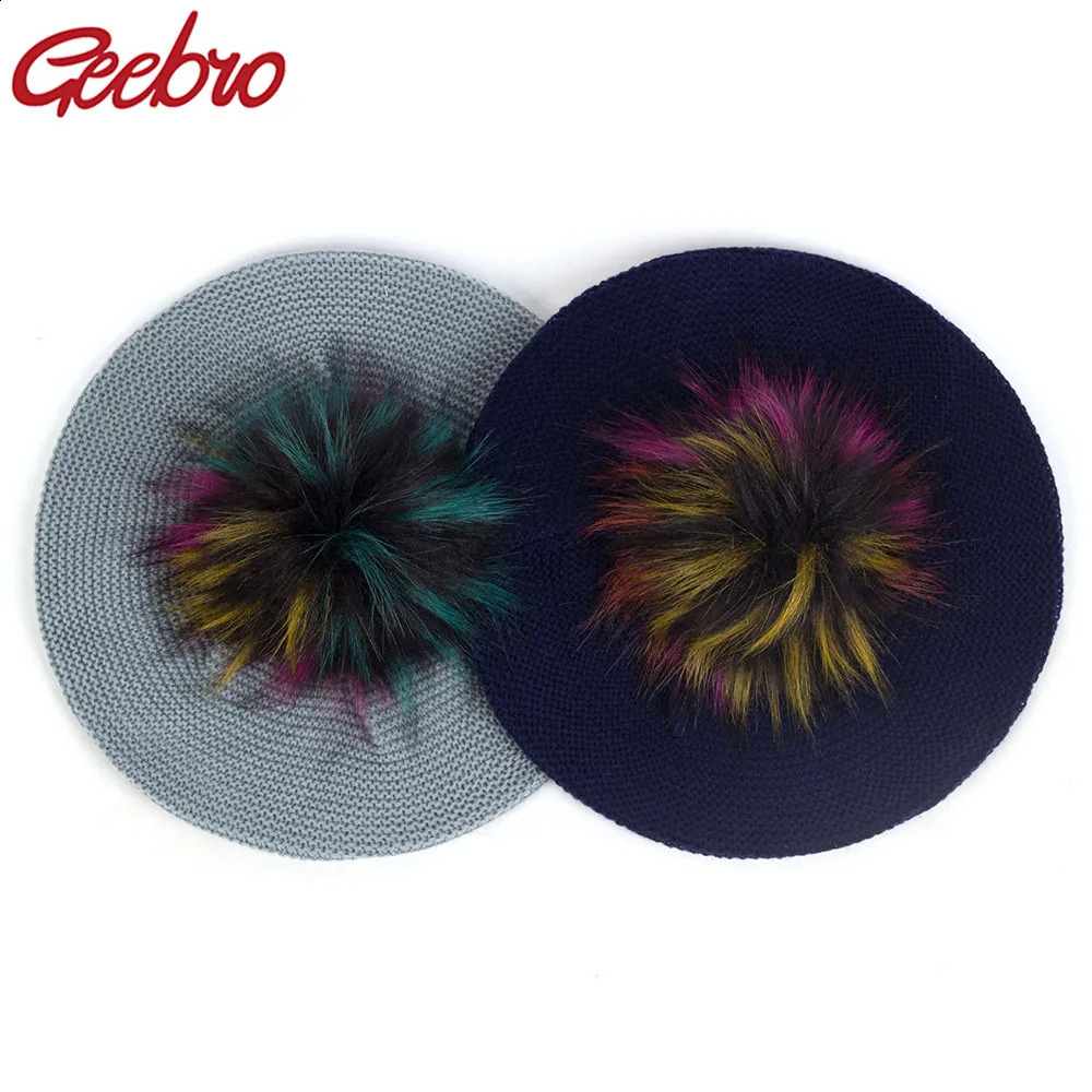 Geebro Slouchy Fashion Knitted Beret For Women Acrylic Hats Faux Fur Pom Casual Bonnet Caps Female Solid Artist Baggy Beret 260916
