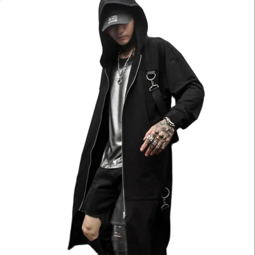 Nightclub DJ Singer Punk Rock Hooded Trench Coat Ribbons Long Jacket Stage Costume Men Vintage Zipper Cloak Gothic Style Cape 260916