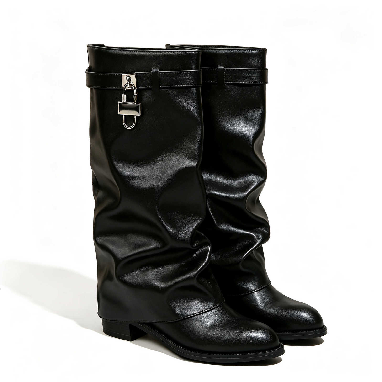 Knee High Boots for Black Women PU Leather Riding Boots Low Block Heel Pull On Detail fashion Shoes D260916
