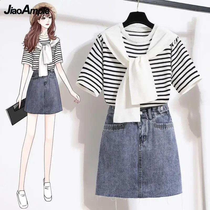 Women Casual Stripe Shawl T Shirt Skirts Two Piece Set 2025 Summer Student Fashion Tops Denim ALine Skirt Outfits Lady Clothes 260905