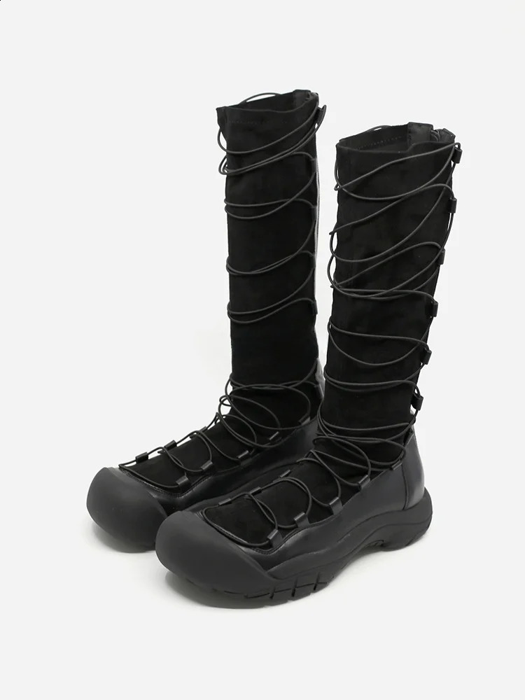 Brushgirl Dongdaemun Cross Tie Elastic Slimming Boots MidCalf Spicy Girl Fashionable Korean Style Womens Booties 260916