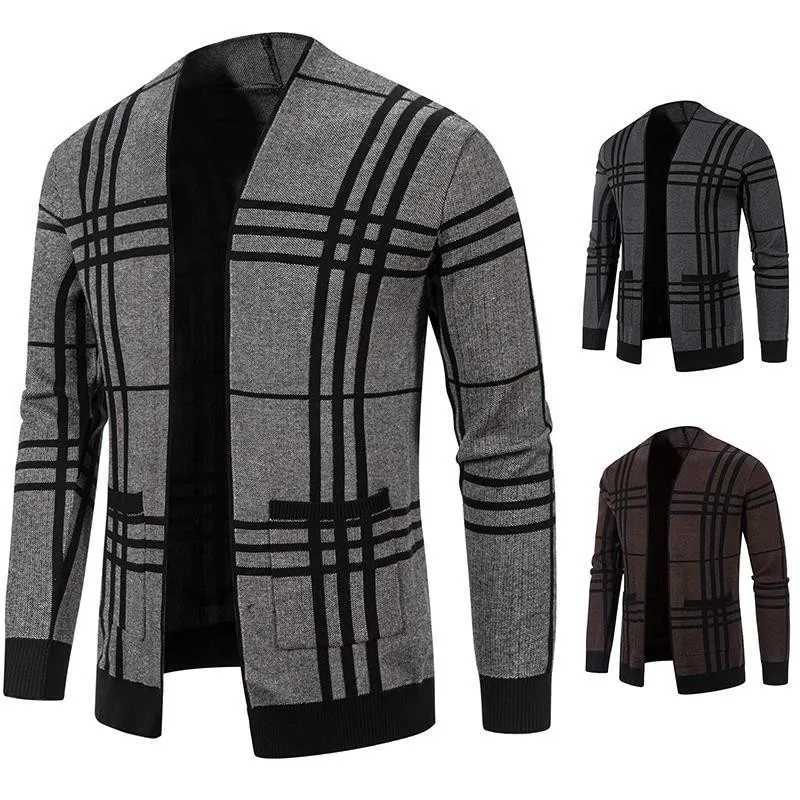 New Men's Cardigan Horizontal and Vertical Stripes with Pocket Knitted Sweater Fashion Casual Q260915