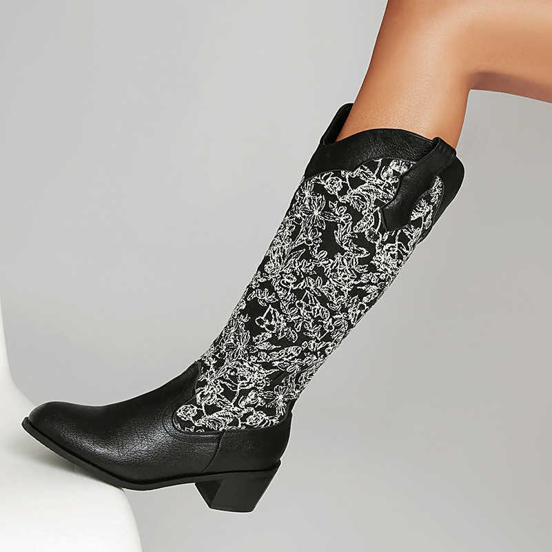Splicing Plus Size Embroidered Fabric PU Wood Grain Thick Heel Slip on Women's Boots Ethnic Style Printed Knee High Boots D260916