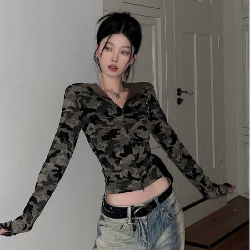 Streetwear Retro Camo Hoodie Coat For Women's Korean Style Camouflage Zipper Up Cropped Jacket Slim Fit Trend Spring Autumn TopT260916