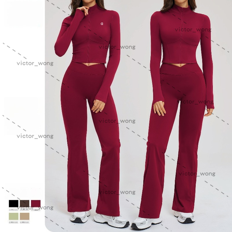 2539 Women's 2 Piece Yoga Set Full Zip Cropped Long Sleeve Jacket with Thumb Holes V Waist Flare Yoga Leggings Tracksuit