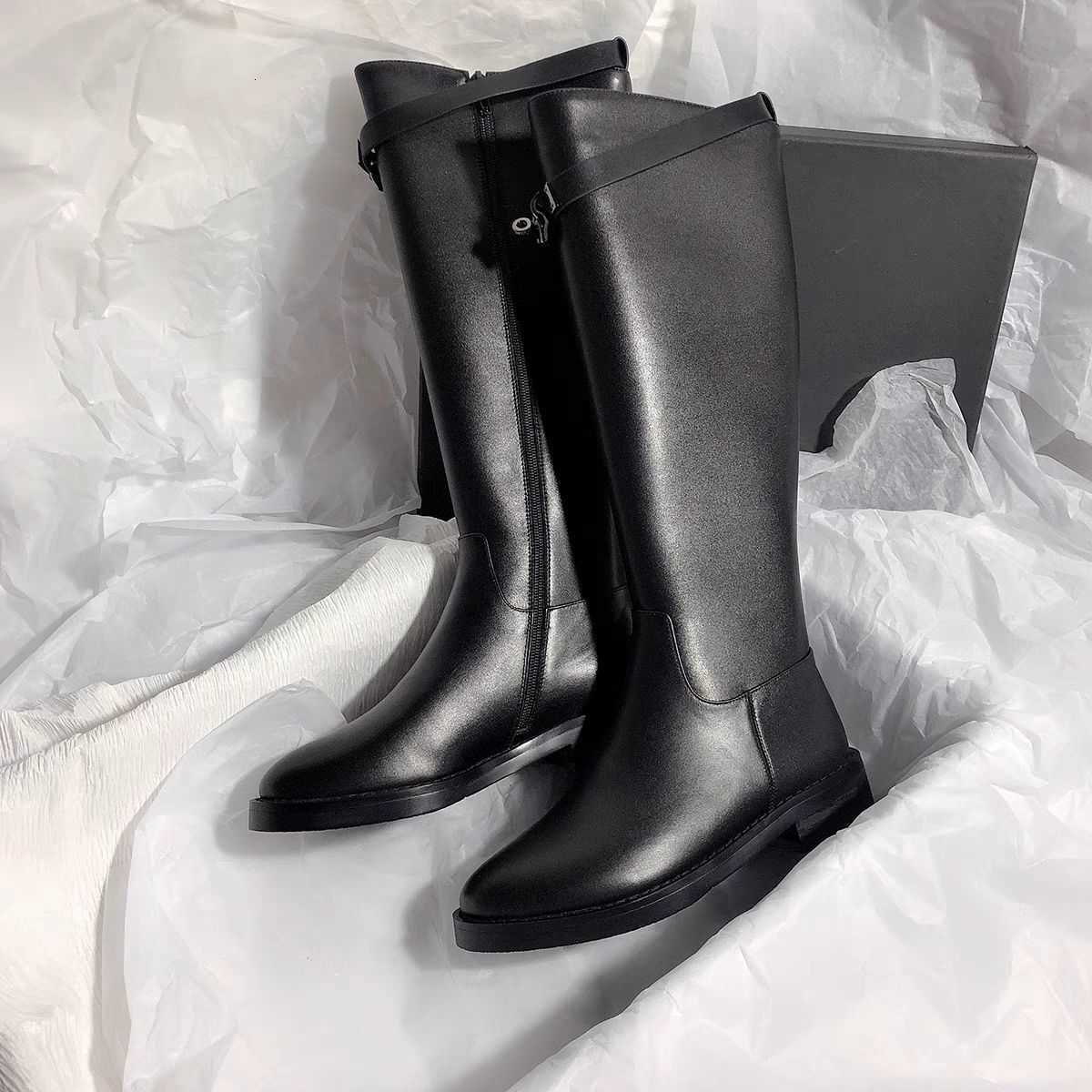 with Black Leather Low Elegant Heels Knee High Shaft Shoes Woman Gothic Demi-season Goth Footwear Pu New in Long Boots for Women D260916