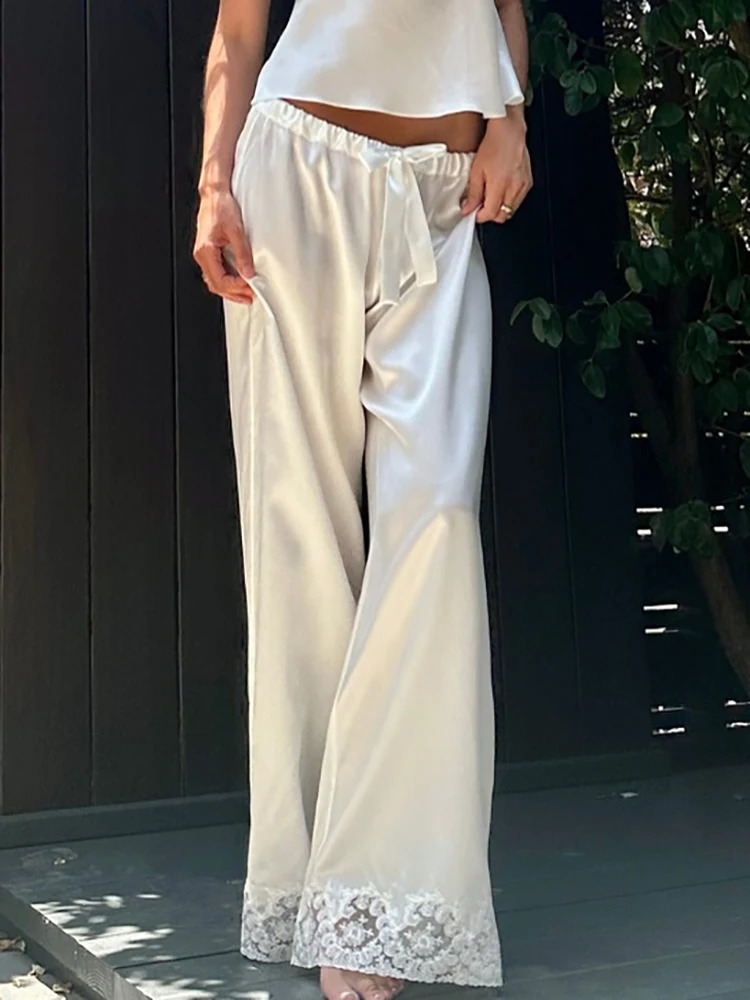 JULISSA MO Satin Patchwork Lace Up Women Pants White High Waist Long Trousers Female Summer Loose Casual Outdoor Streetwear 260916