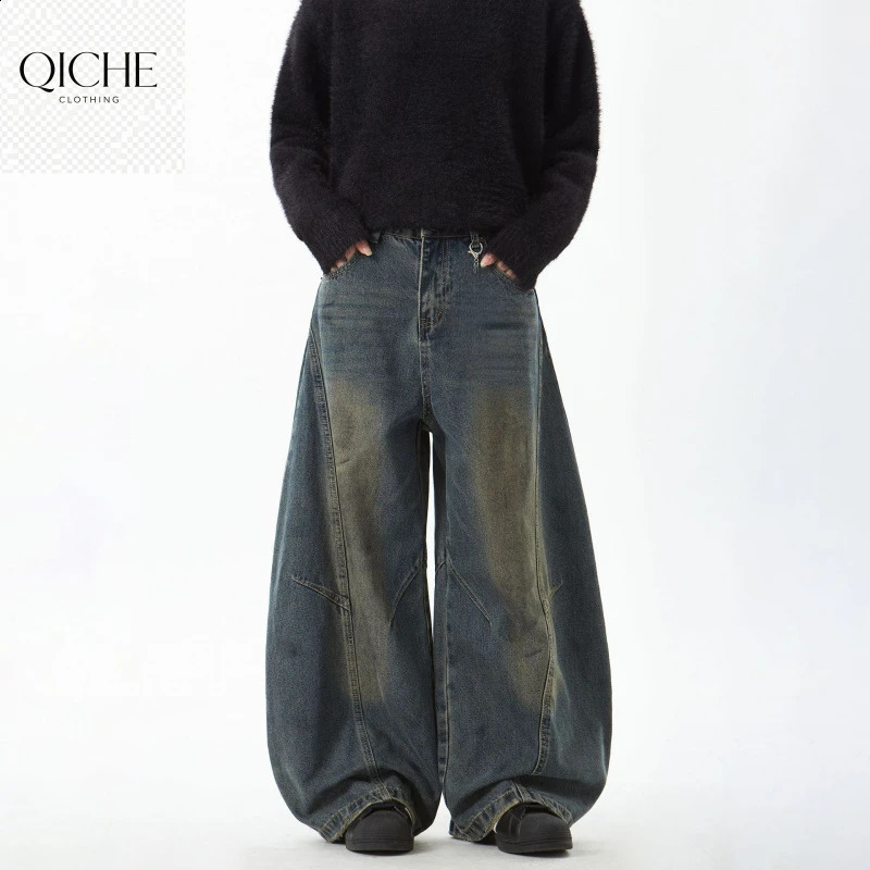 QICHE Men Casual Denim Trousers Deconstructed n Jeans Loose Straight Curved Wide Leg Washed Cut 260916