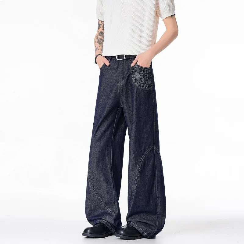 Men High Street Paisley Patchwork Jeans Loose Wide Leg Baggy Vintage Dark Wash Streetwear Casual Pants 260916
