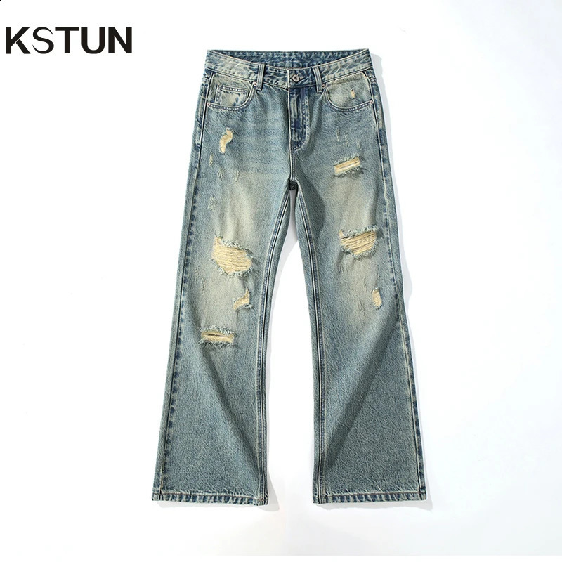 KSTUN Flared Jeans Men Booocut Jean Streetwear Denim Pants Ripped Hollow Out Vintage Jeans Men Distressed Frayed American Style 260916