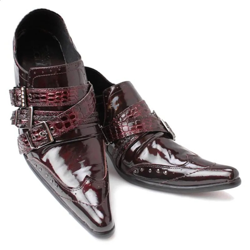 Christia Bella Handmade Pointed Toe Buckle Men Brogue Shoes High Heel Man Business Formal Party Genuine Leather 260917