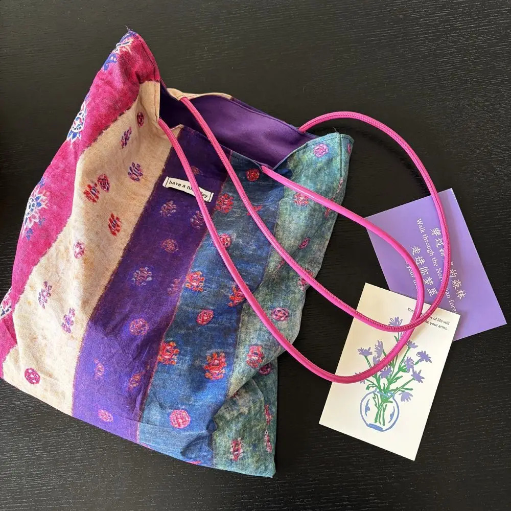 High Quality Floral Print Shoulder Bag Large Capacity PU Strap Handbag Cloth Doubleside Tote Bags School and Travel 260915