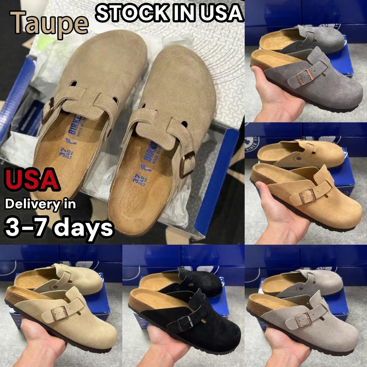 Boston brik clogs designer soft footbed Slippers Mens Women taupe Black clogs Sandals Slipper Fashion Leather Slide Favourite navy Grey Slide indoor