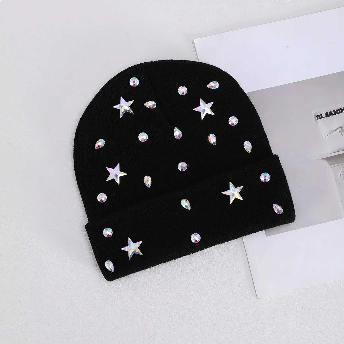 1Rhinestone Beads Knitted Hat Luxury Korean Women Rabbit Fur Wool Skullies Cap Winter Fashion Thickened Warm Bonnet Beaanies L260915