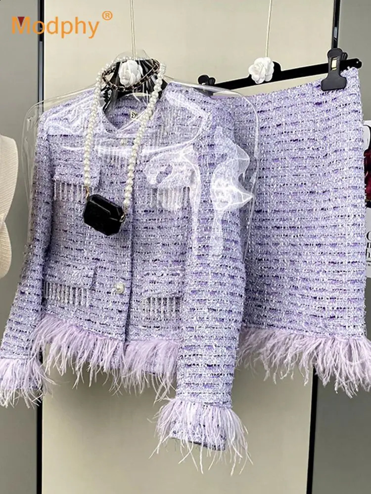 High Quality Elegant Violets Tweed Women Set Single-breasted Feather Beaded Tassel Jacket High Waist Shorts Suit Fashion Party 260916