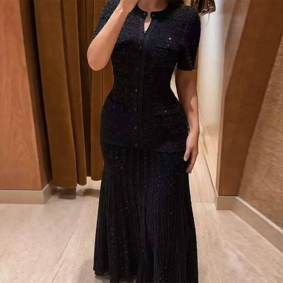 Sandro Dress Designer Knitted Dress Heavy Industry Hollow Banquet Black Fungus Seaside Vacation Round Neck Hollow Out Threaded Single Row Buckle San