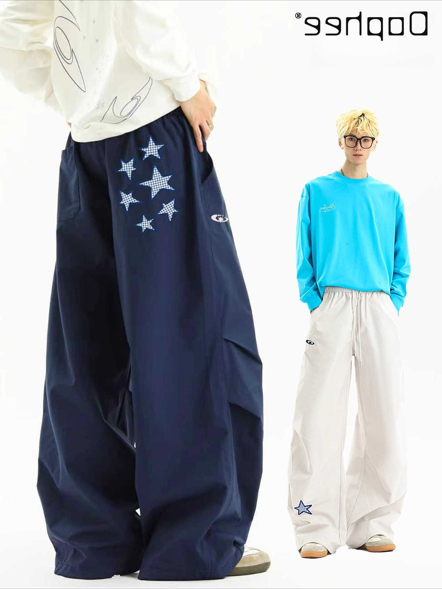 New 2025 Autumn Spring and American Style Star Patch Pleated Apricot Casual Pants Men's Navy Blue Loose Wide-Leg Straight Pants D260916