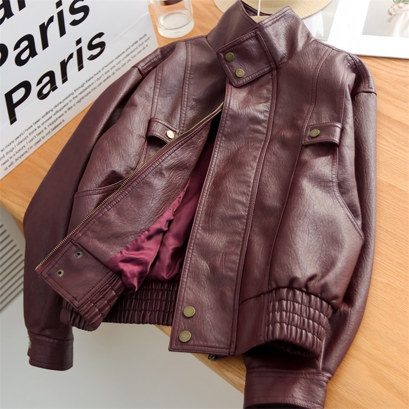 Womens Plum PU Leather Bomber SatinLined FauxLeather Jacket with Elastic Hem y260908