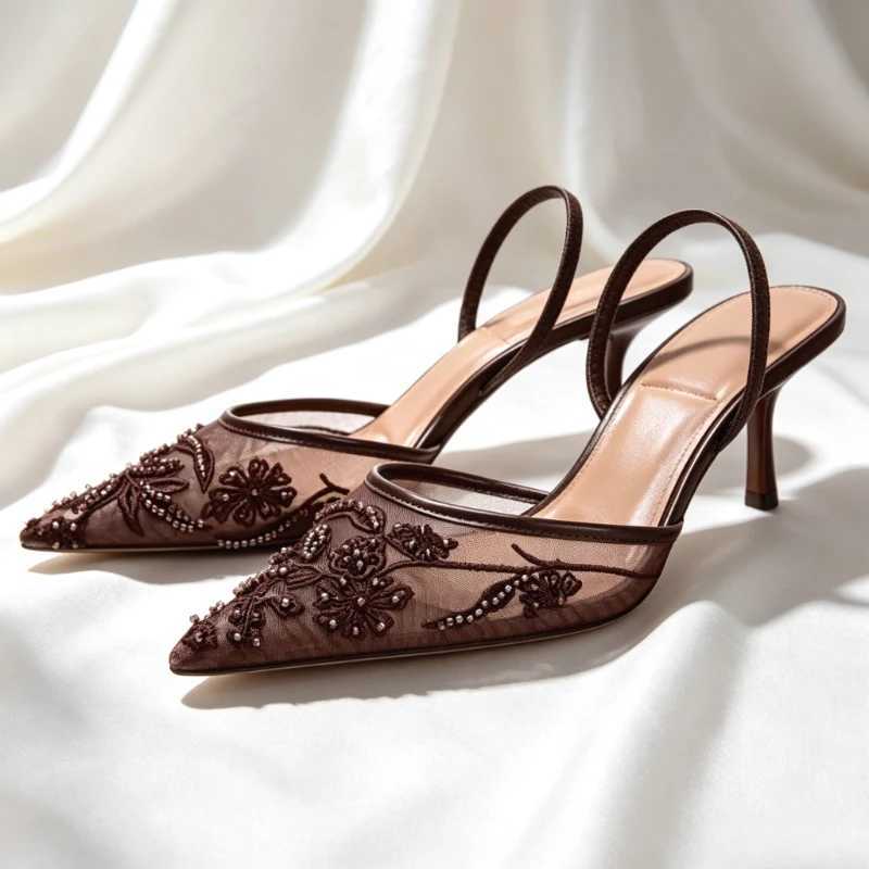 Mesh Embroider Str Bead Detail High Heels Women Sexy Brown Pointed Toe Bk Strap Heeled Sandals Summer Elegant Women Shoes Q260916