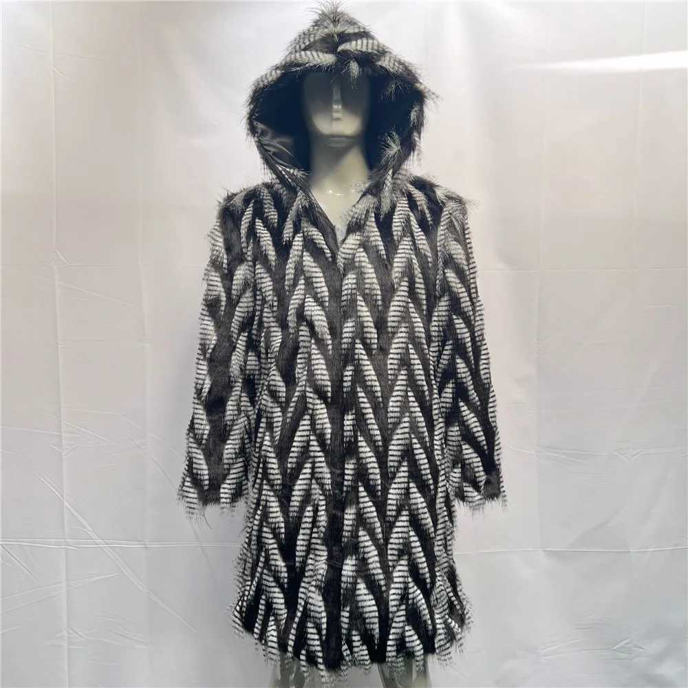 Women's faux fur coat Autumn Winter Men Faux ZADORIN Fur Coat Hooded Fashion Leopard Plaid Pattern Long Windbreaker Fluffy Faux Fur Jacket Men