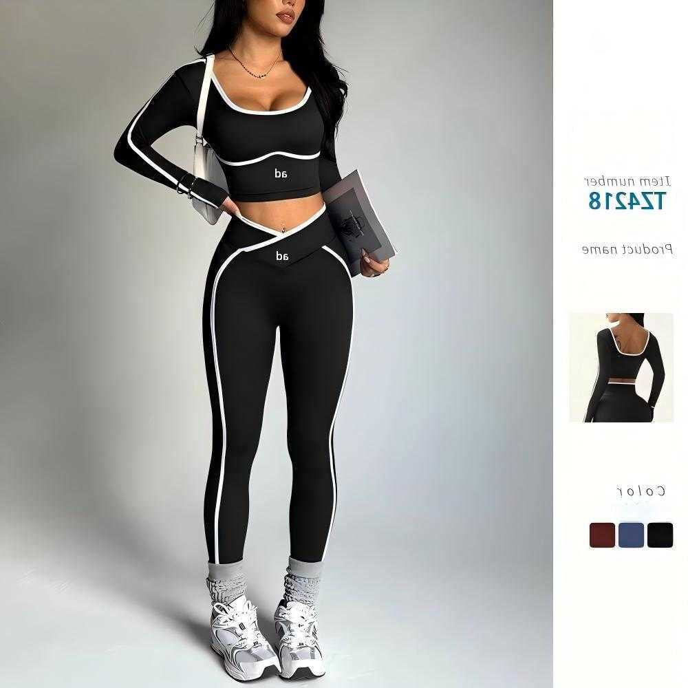 set 2-piece of indoor and outdoor color blocked set for autumn and winter tight long slved front V-waist and hip li S2609163MUO