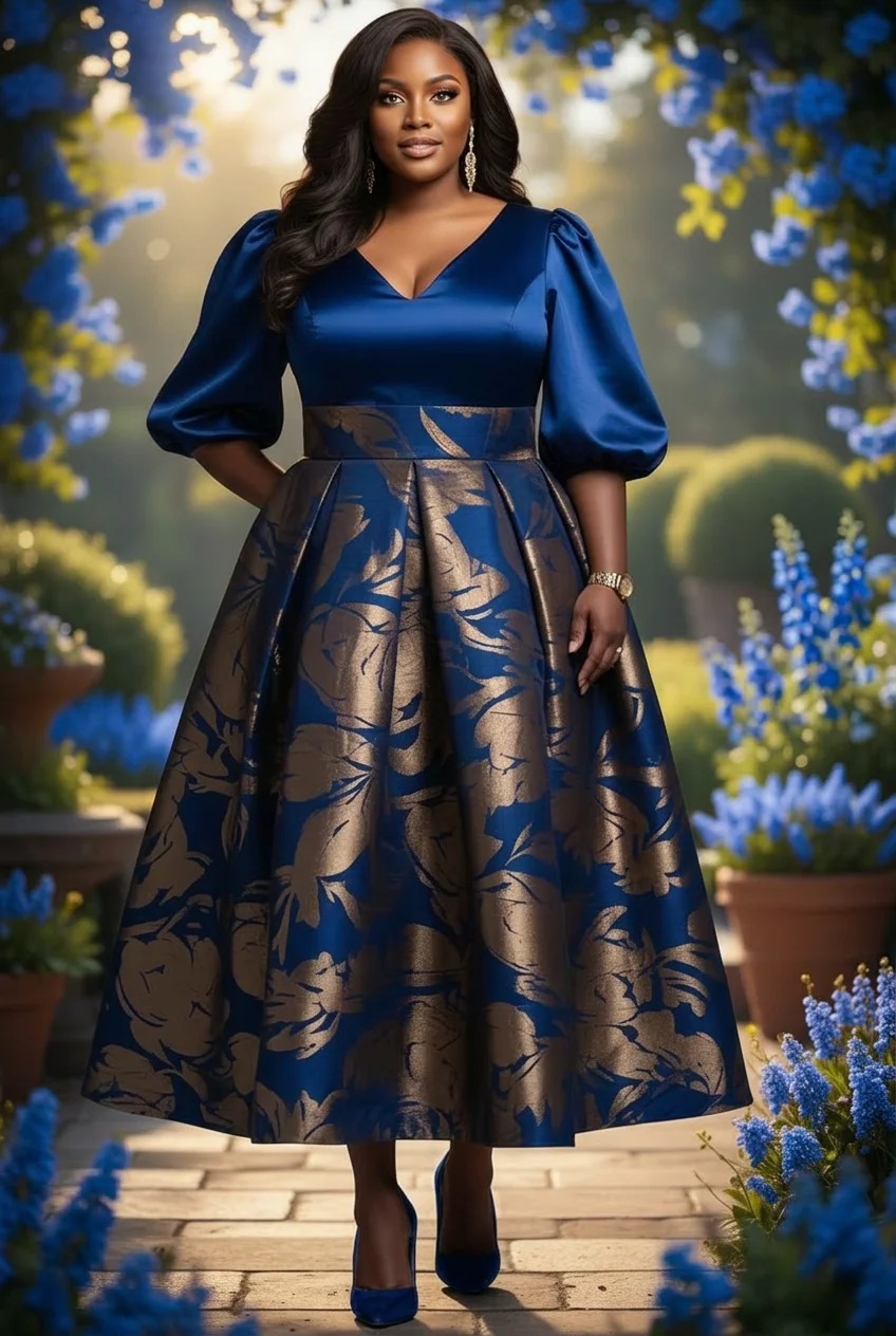 Plus Size Gold Floral Jacquard Midi Dress Women V Neck Puff Sleeve A Line Flared Formal Dress For Church Wedding Guest Evening