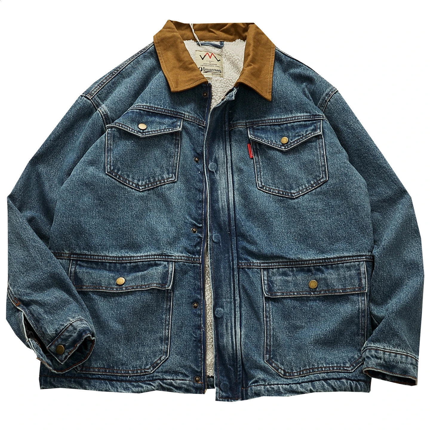 Winter American Retro Heavyweight Neckline Contrast Color Washed Thickened Lamb Wool Denim Padded Jacket Men's Casual Coat 260916