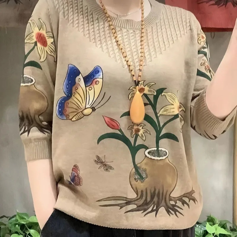 Spring Autumn Fashion Elegant Round Neck Long Sweater Casual Versatile Western Printed Comfortable Clothing Women's Pullers 260916