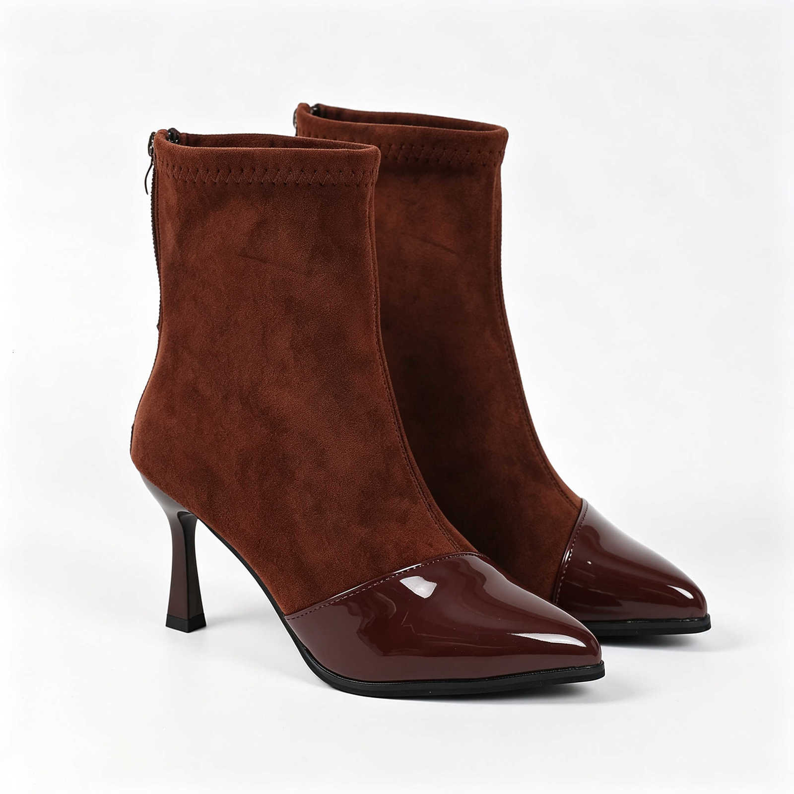 High Boots 8cm Women Ankle Heel Pointed Toe Patent Cap Stretch Suede Back Zipper Elegant Autumn Winter Boots Black Brown D260916